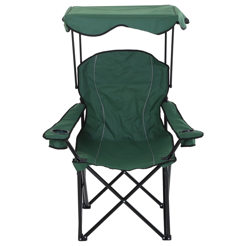 Outsunny Oxford Sports Folding Metal Camping Chair with an Overhead Shade Canopy & an Included Side Cup Holder - Green