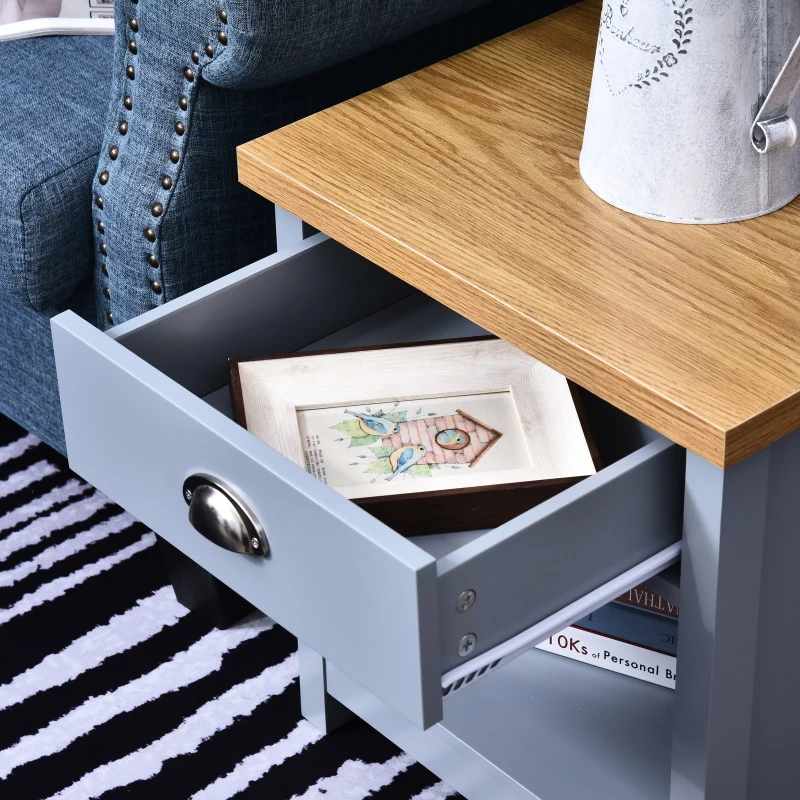 HOMCOM Wood Grain Small Space Nightstand Sofa Table Drawer Bottom Shelf Home -  Grey