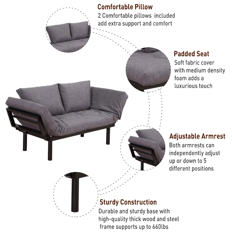 HomCom Single Person Convertible Bed Chaise Lounge Couch Adjustable Padded Lightweight - Gray