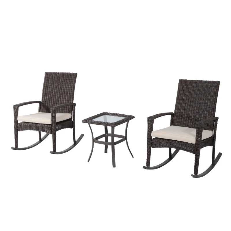 Outsunny 3 Piece Outdoor Rocking Chair and Tea Table Set - Coffee Brown/Beige