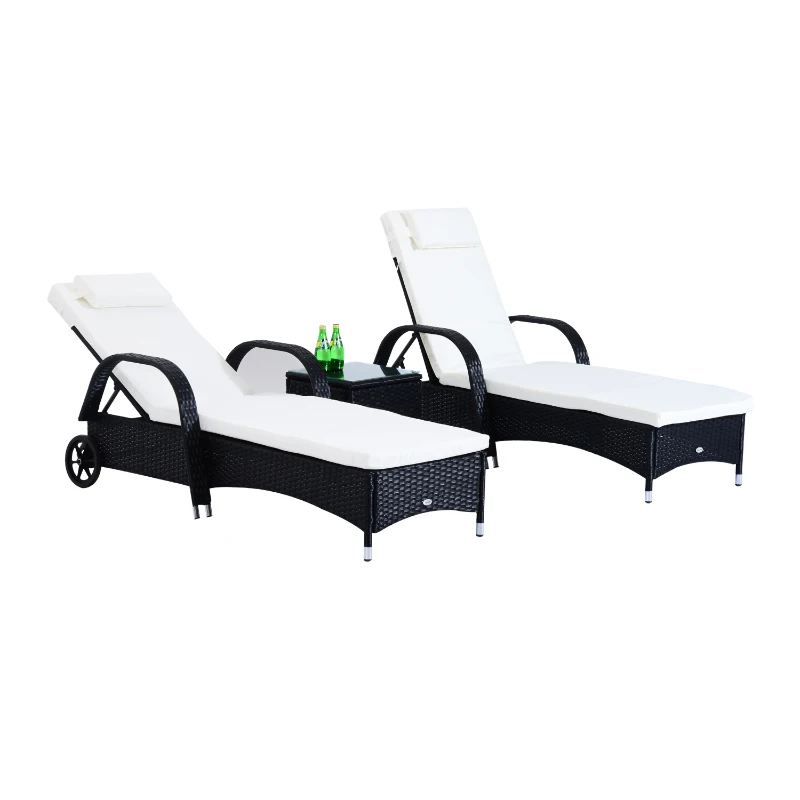 Outsunny 3PC Wheeled Patio Rattan Lounge Set Adjustable Reclining Chaise w/ Side Table - Black