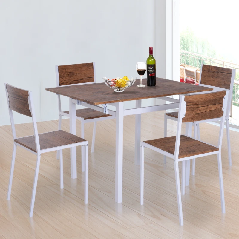 HomCom 5 Piece Drop Leaf Counter Height Dining Table and Chairs Set - Walnut / White