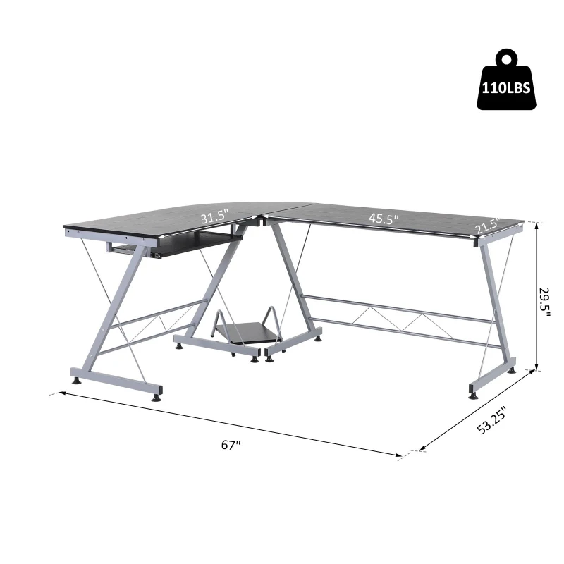 HOMCOM 67” Wood Steel Metal L Shaped Corner Computer Desk - Black
