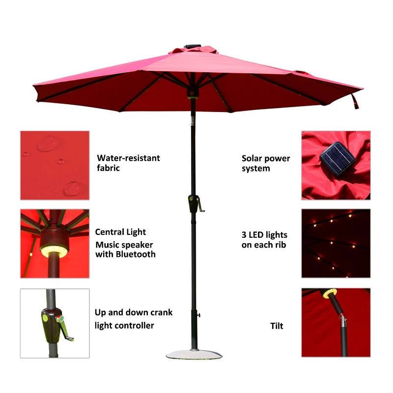 Outsunny 9’ Solar LED Market Patio Umbrella with Bluetooth Speaker – Wine Red