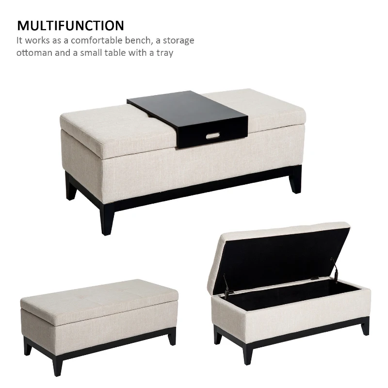 HOMCOM 42" Rectangular Storage Ottoman Bench, Linen Fabric Coffee Table Ottoman with Removable Tray for Living Room, Entryway, or Bedroom, Cream White
