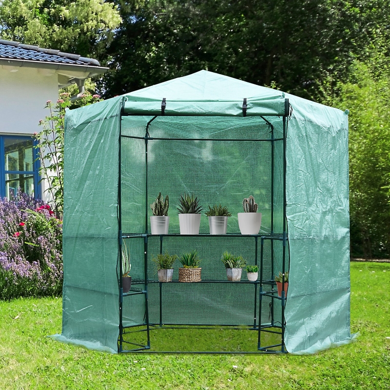 Outsunny 7.5" Portable Hexagonal Walk In Greenhouse 3Tier Shelves
