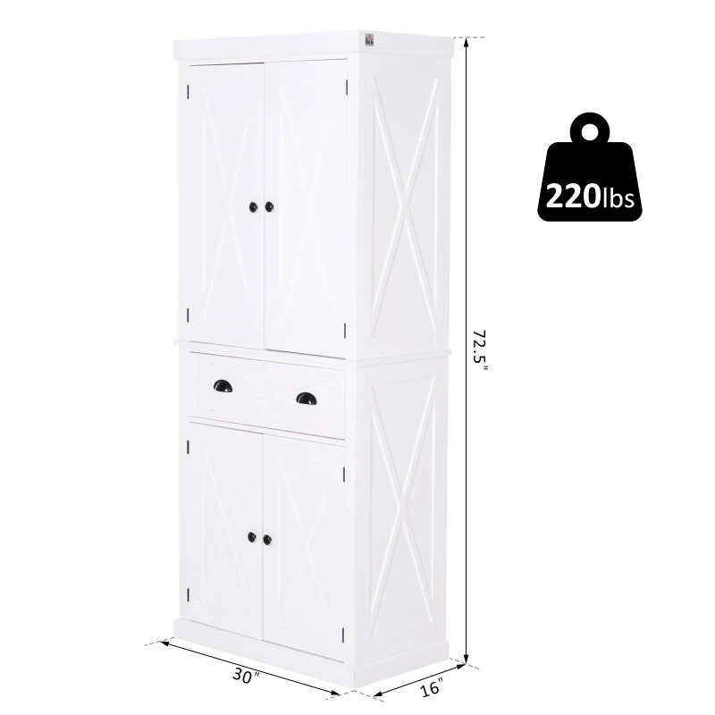 HOMCOM 5ft Tall Wood Kitchen Storage Cabinet with Adjustable Shelves, 2 Wood Pantries, Drawer and Sturdy Design - White