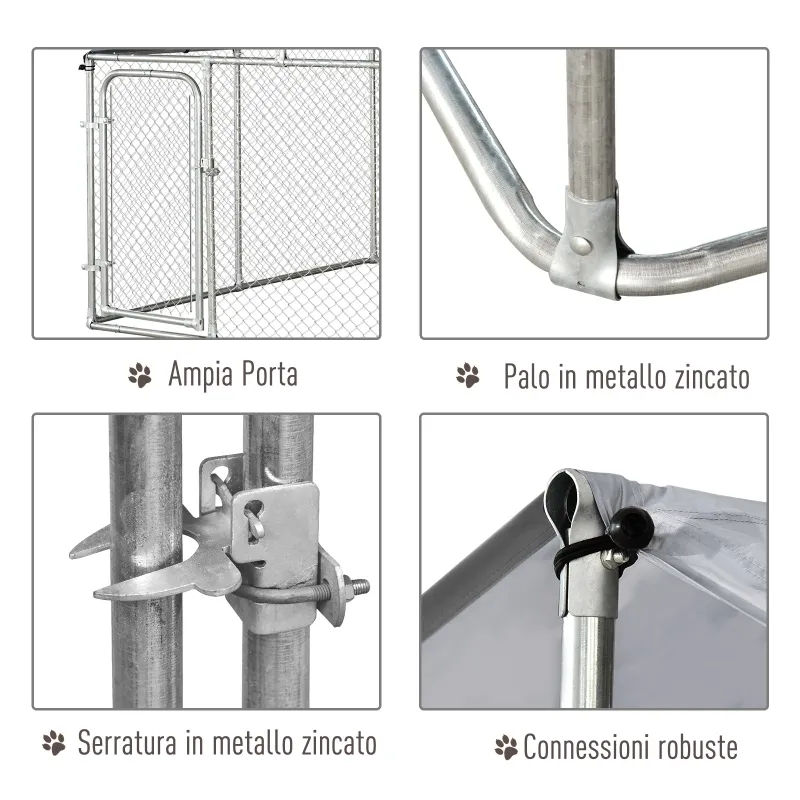 PawHut Large Outdoor Dog Kennel Galvanized Steel Chain Link Fence with Oxford Cloth Roof and Lock - Silver