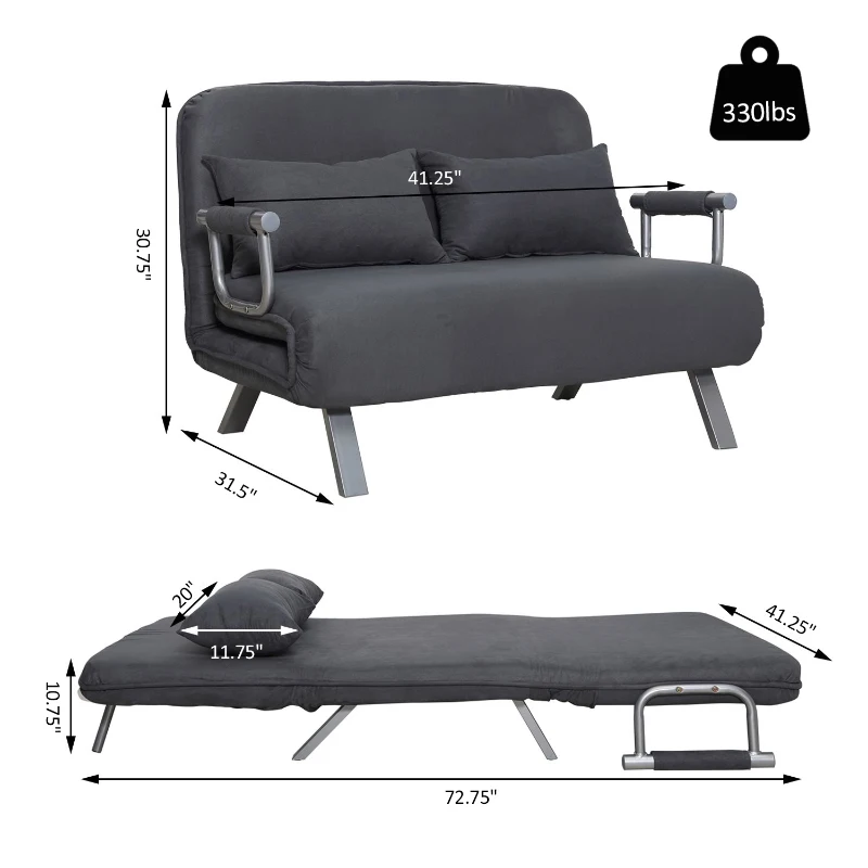 HomCom Twin Size Convertible Sleeper Bed Lounger Chair Faux Suede Microfiber Slip Cover - Gray