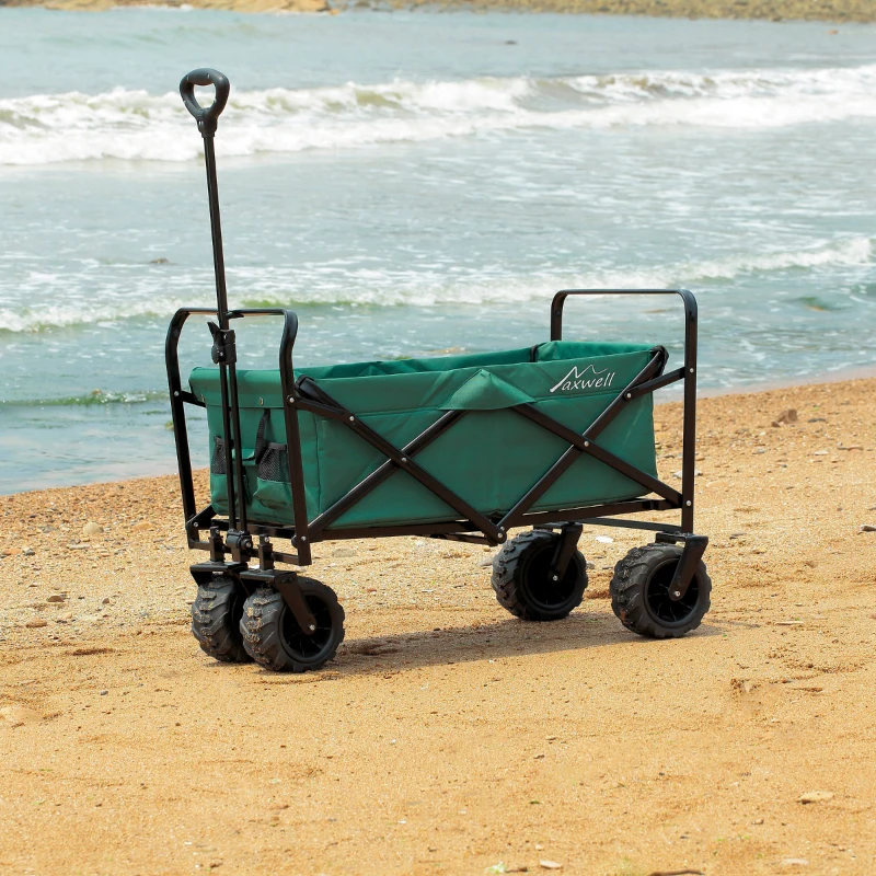Aosom Utility Folding Wagon Big Wheels Collapsible Outdoor Garden Cart with Steel Structure for Shopping, Fishing, Camping, Beach - Green