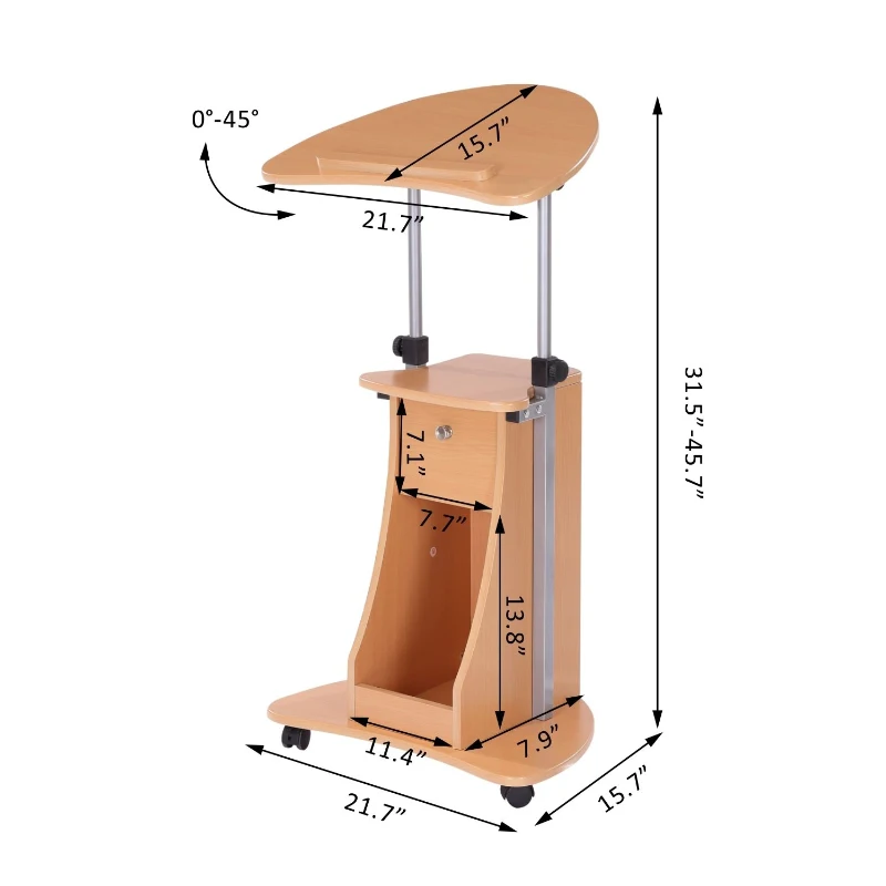 HomCom Adjustable Mobile Laptop Desk Notebook Table Workstation w/ Wheels Office Home Storage - Beech