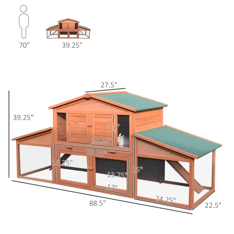 PawHut Rabbit Hutch Wooden House Small Animal Cage Deluxe Backyard Run Ramp