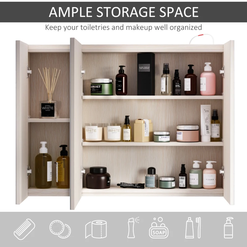 Kleankin 36" x 24" Triple Door LED Bathroom Mirror Medicine Cabinet - White Oak