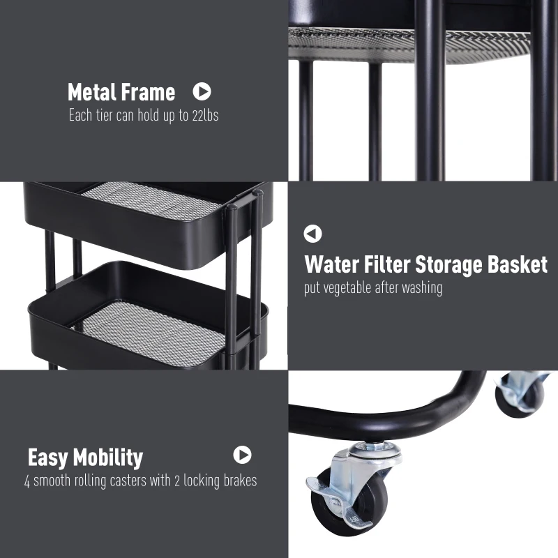 HOMCOM 4-Tier Rolling Metal Kitchen Utility Cart Trolley with Storage - Black