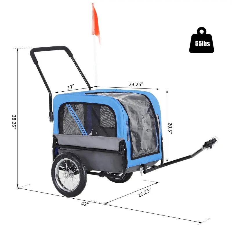 Aosom 3 Wheeled Cruiser Bike Trailer 2-in-1 Pet Jogging Stroller for Pets - Blue/ Grey