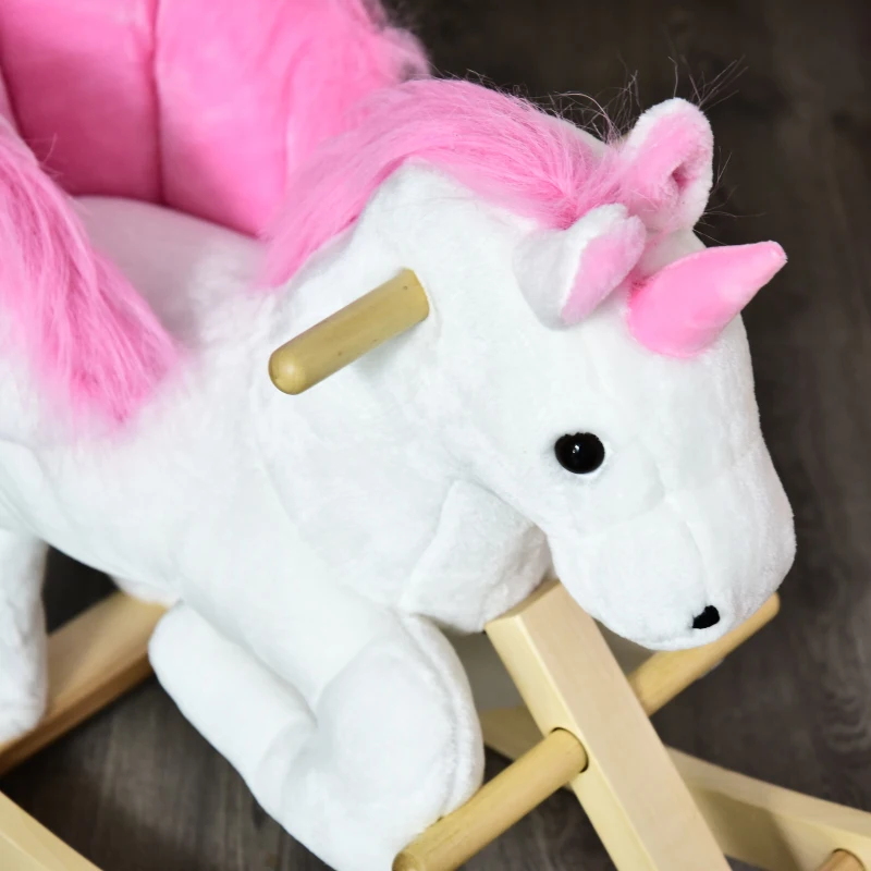 Qaba 22" Kids Wooden Plush Ride-On Unicorn Rocking Horse Toy Rocker with Sing Along Songs Realistic Sounds and Safety Seatbelt