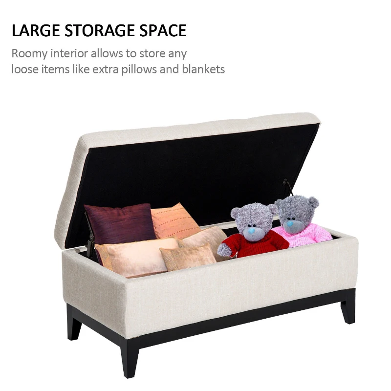 HOMCOM 42" Rectangular Storage Ottoman Bench, Linen Fabric Coffee Table Ottoman with Removable Tray for Living Room, Entryway, or Bedroom, Cream White