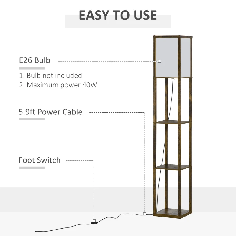 HOMCOM 3-Tier Floor Lamp, Standing Reading Light with Storage Shelves for Living Room, Bedroom, or Dining Room, Rustic Brown