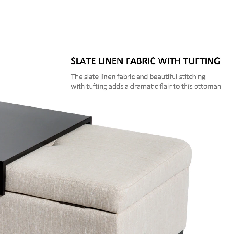 HOMCOM 42" Rectangular Storage Ottoman Bench, Linen Fabric Coffee Table Ottoman with Removable Tray for Living Room, Entryway, or Bedroom, Cream White