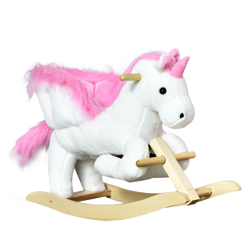 Qaba 22" Kids Wooden Plush Ride-On Unicorn Rocking Horse Toy Rocker with Sing Along Songs Realistic Sounds and Safety Seatbelt