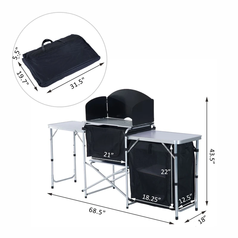 Outsunny 6' Aluminum Portable Fold-Up Camping Kitchen with Windscreen and 3 Enclosed Cupboards