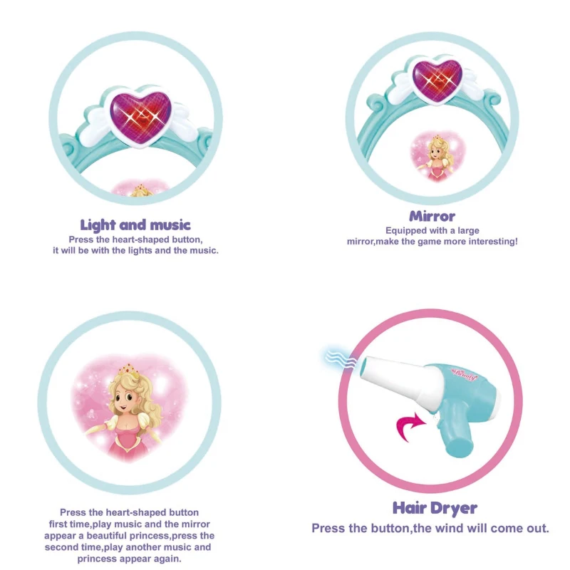 Open Box Qaba Kids Fashion Pretend Play Set Princess Vanity Table with Lights, Sounds and Accessories - Light Blue / Pink