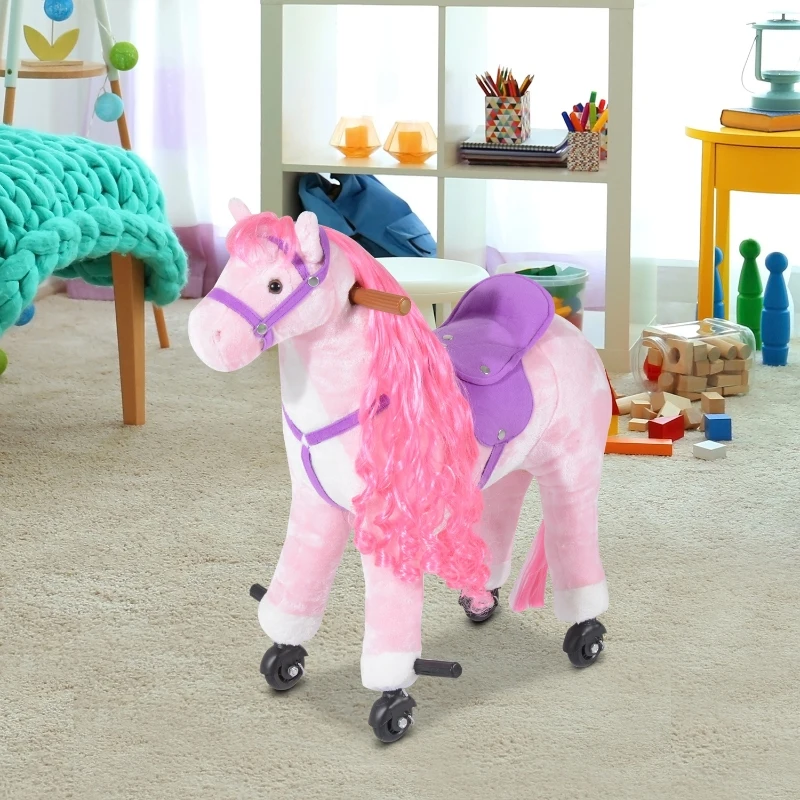 Qaba Children’s Soft Plush Mechanical Toy Riding Horse with Forward Walking Motion - Pink