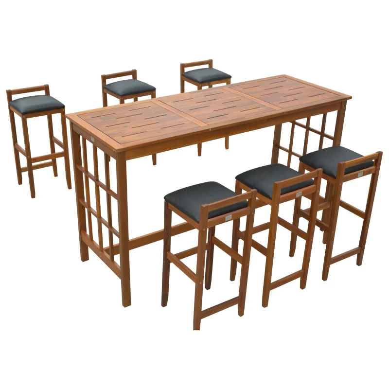 HomCom 7 Piece Acacia Wood Iconic Prairie School Style Kitchen Bar Table Set - Table/ 6 Stools