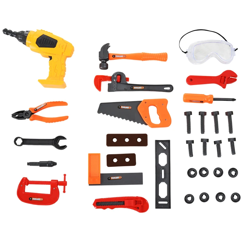 HOMCOM 32pc Kids Tool Set Pretend Play Construction with Rolling Cart Orange/Grey