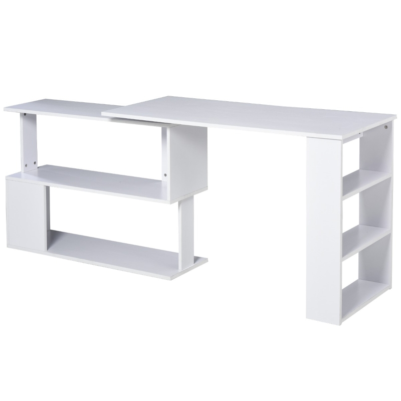 HomCom 360° Rotating Home Office Corner Desk and Storage Shelf Combo L-Shaped Table Workstation - White