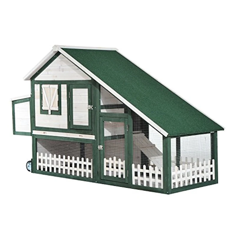 Open Box PawHut 76" Portable Slanted Wooden Chicken Coop Kit With Wheels, Covered Run And Nesting Box 