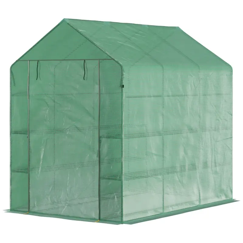 Outsunny 7' x 5' x 6' Walk-in Greenhouse with Mesh Door, 18 Shelf Hot House with Trellis, Plant Labels, UV Protective for Growing Flowers, Herbs, Vegetables, Saplings, Green