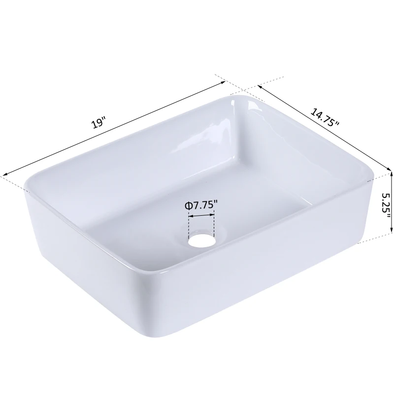 kleankin Rectangular Vessel Sink Above Counter Art Basin Porcelain Ceramic Bathroom Vanity Sink - Matte White