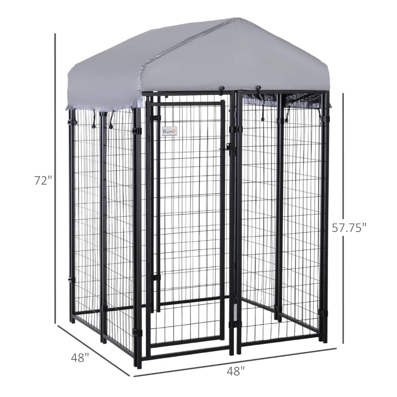 PawHut Outdoor Dog Kennel Run House Crate Cage Enclosure Anti-Sun Roof Patio Pet Shelter - Gray and Black