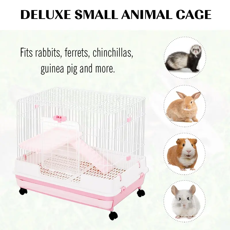 PawHut 32" Indoor Rabbit Enclosure Small Animal House Habitat with Wheels - Pink