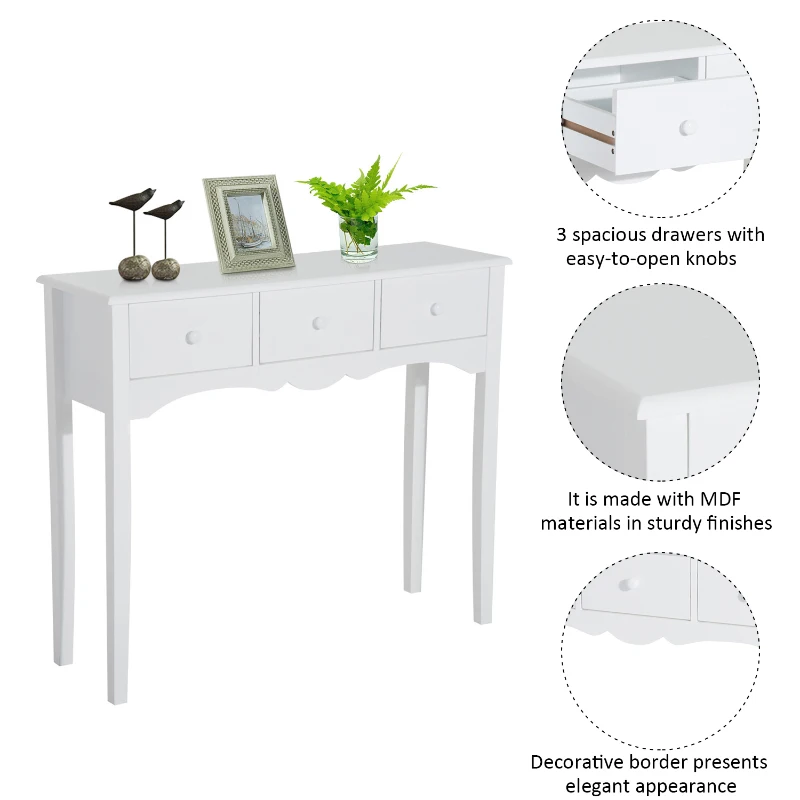 HomCom Narrow Wooden Front Entryway Wall Console Table 3 Drawers - White