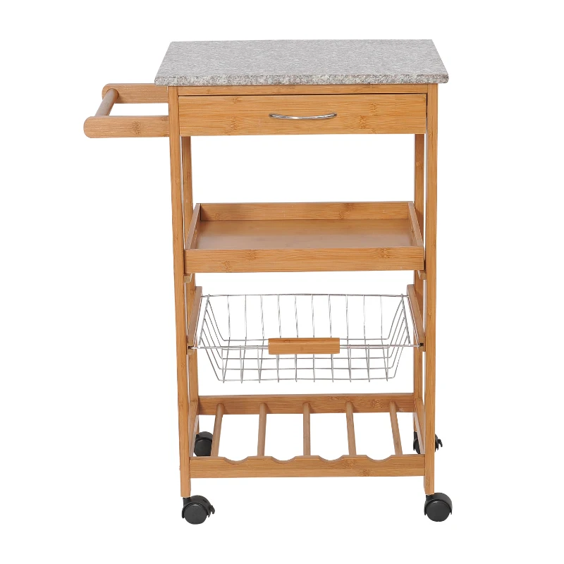 HomCom 31" Wooden Kitchen Island Rolling Storage Cart Dining Food Service Cabinet Trolley With Granite Top and Wine Rack