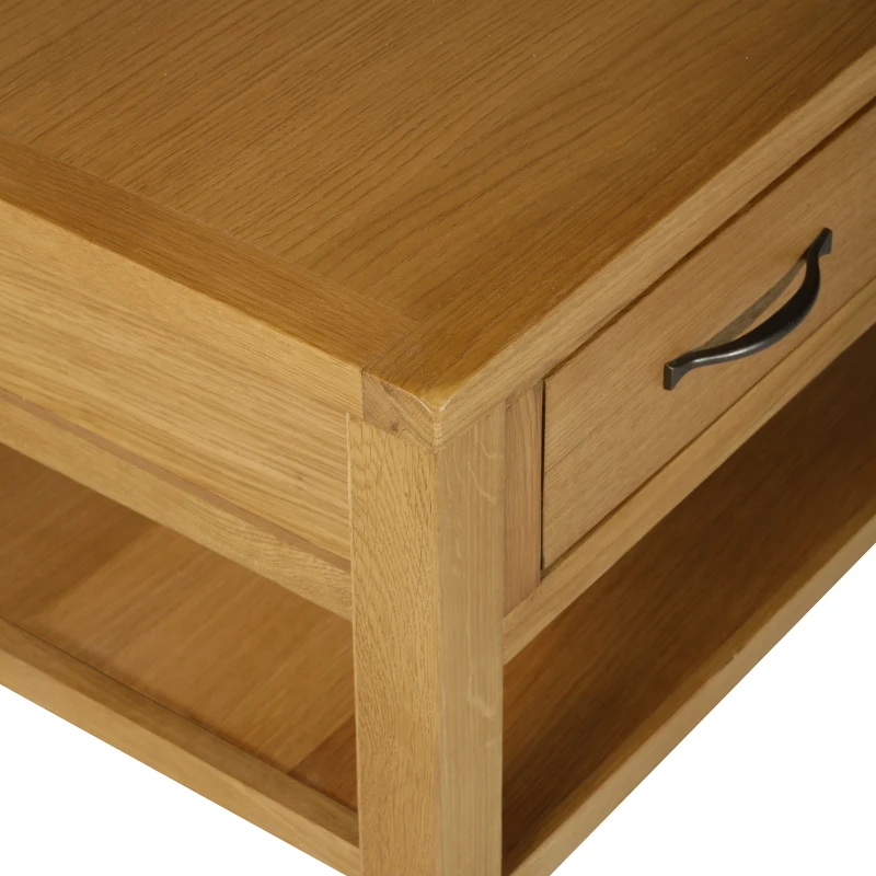HomCom Solid Oak Frame Rectangle Coffee Table with Drawer and Lower Storage Shelf