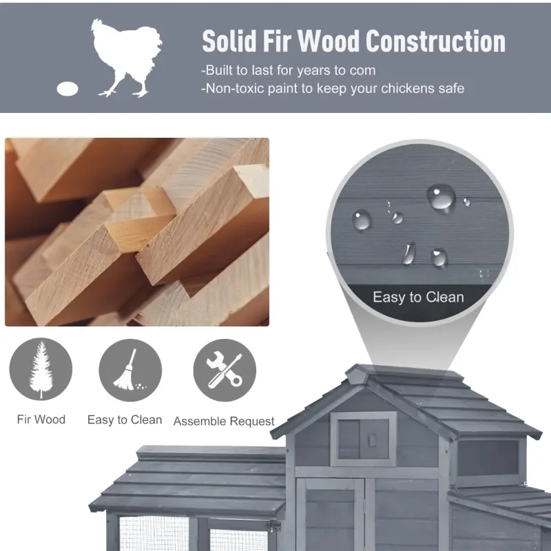 PawHut 59" Solid Wood Enclosed Outdoor Backyard Chicken Coop Kit with Nesting Box - Grey