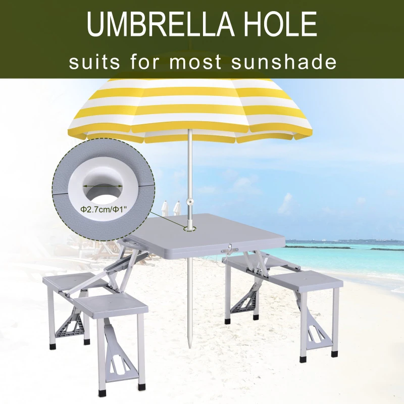 Outsunny Outdoor Picnic Table Chair 4-Seat Set Folding Patio Furniture w/Umbrella Hole - Grey