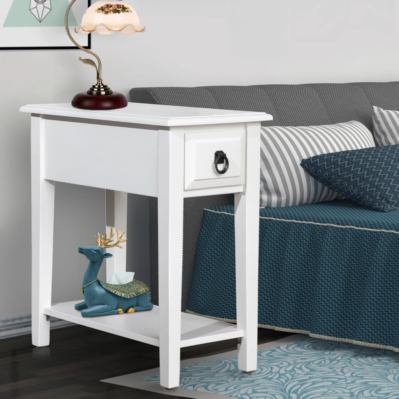 HomCom Modern 2-Tier Acacia Wood End Table Side Desk with Drawer - White