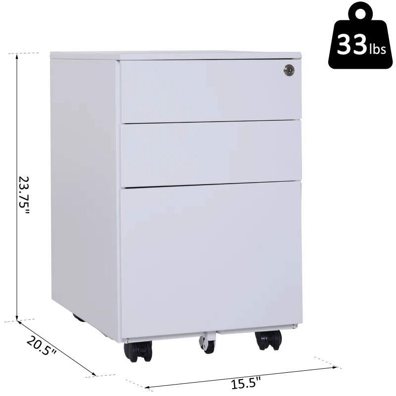 Vinsetto 24" Metal 3 Drawer Locking Under Desk Filing Cabinet On Wheels - White