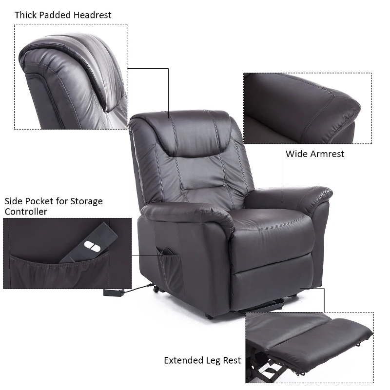 HomCom Faux Leather Three Position Lift Chair Recliner with Remote - Dark Brown