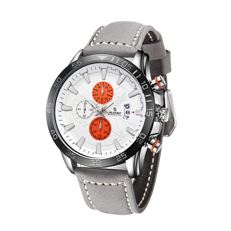 Senors Orange Dial Men's Chronograph Watch Grey Genuine Leather Strap Quartz Watch Auto Date Sports Mens Watches Internet Celebrity