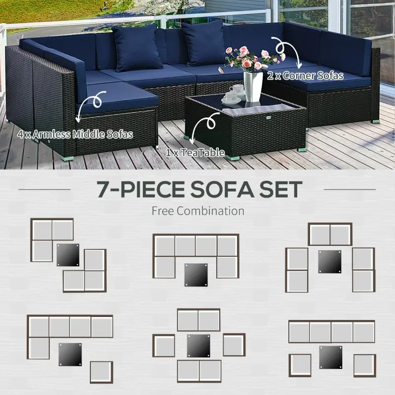 Outsunny 7 Piece Set Rattan Sofa Luxury Modular Conversation Outdoor Furniture - Deep Blue