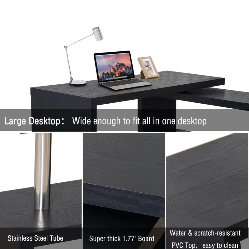 HomCom Foldable Convertible Rotating Office Desk Shelf Combo Writing Table - Black