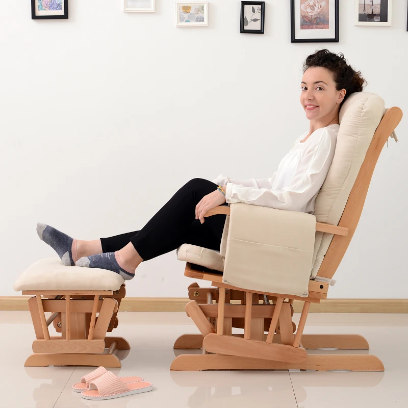 HomCom 2 Piece Ultra-Plush Reclining Rocking Chair with Gliding Ottoman Set - White / Natural Wood