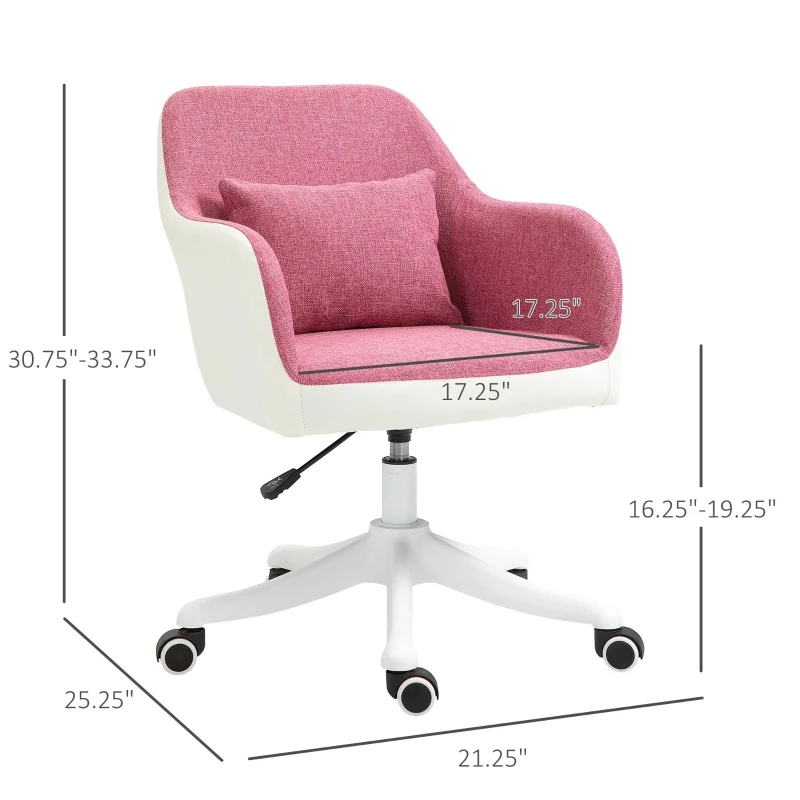 Vinsetto Office Chair, Lumbar Massage Desk Chair with Barrel Chair Armrests, USB Powered Massage, Mid-Back, 360 Swivel, Throw Pillow, Adjustable Height, Pink