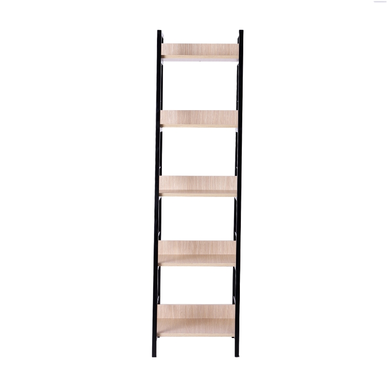 HomCom 5-Shelf Modern Ladder Bookcase - Golden Oak/Black