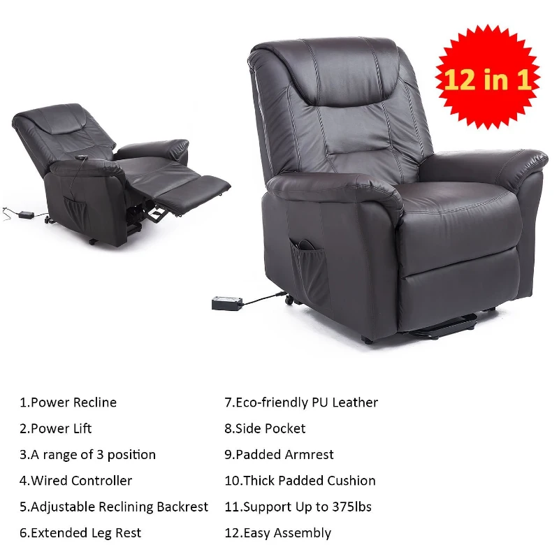 HomCom Faux Leather Three Position Lift Chair Recliner with Remote - Dark Brown